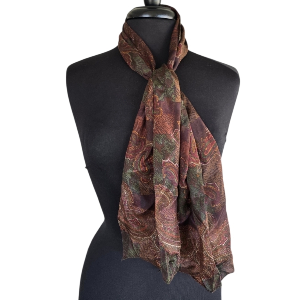 Vintage Liz Claiborne Paisley Scarf in Brown and Green Retro Boho Chic